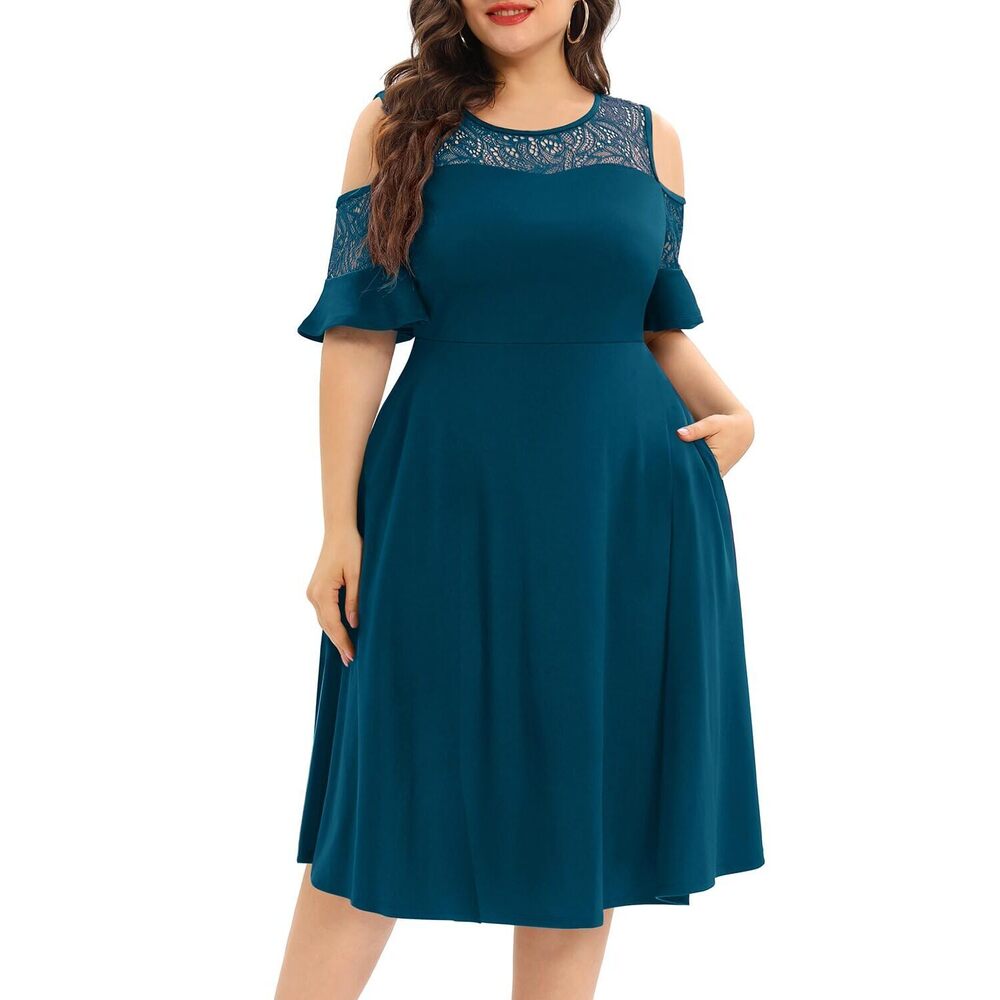6405 Plus Size Blue Green Dress Cocktail Cold Shoulder Short Formal Wedding